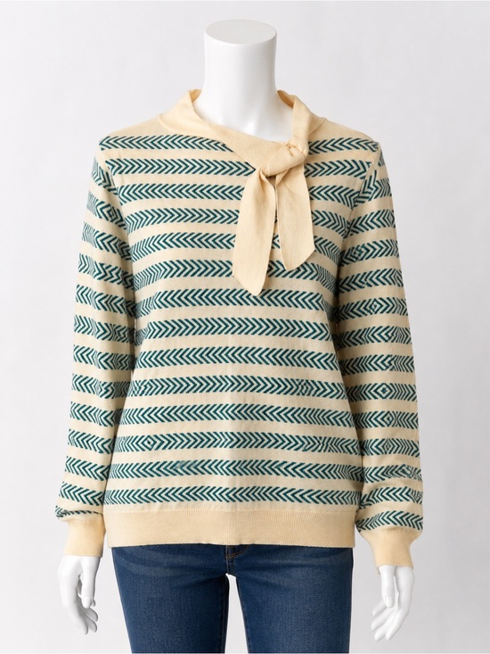 OXKnit Sweaters - Cream and Teal Striped Tie-Neck Sweater